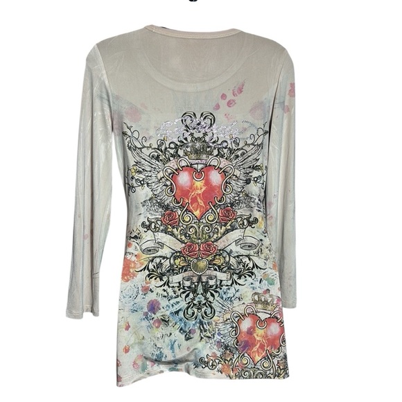 Ed hardy women’s large vintage long sleeve slinky top graphic rhinestone y2k - Picture 3 of 5